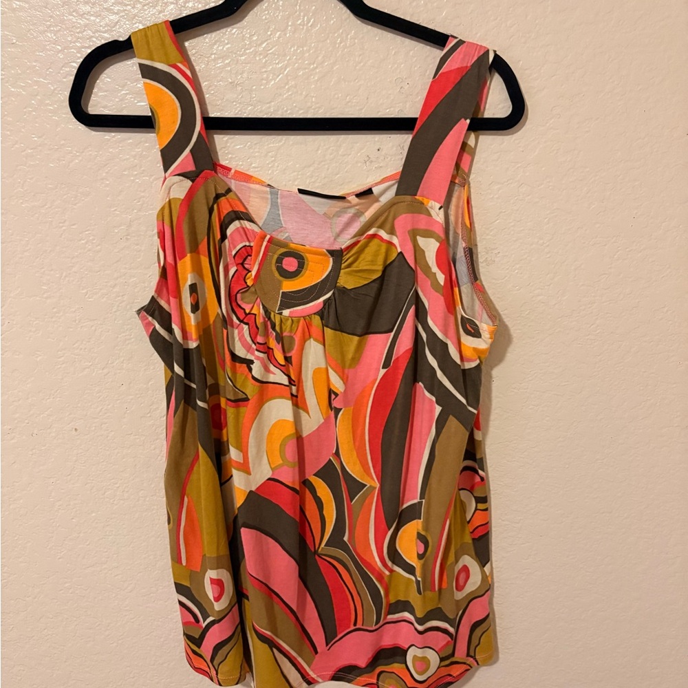 Avenue Multicolor Abstract Print Tank Top in Pink, Olive & Mustard